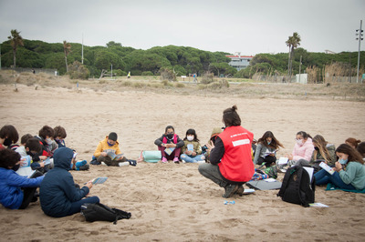 Grup d'escolars asseguts a la platja